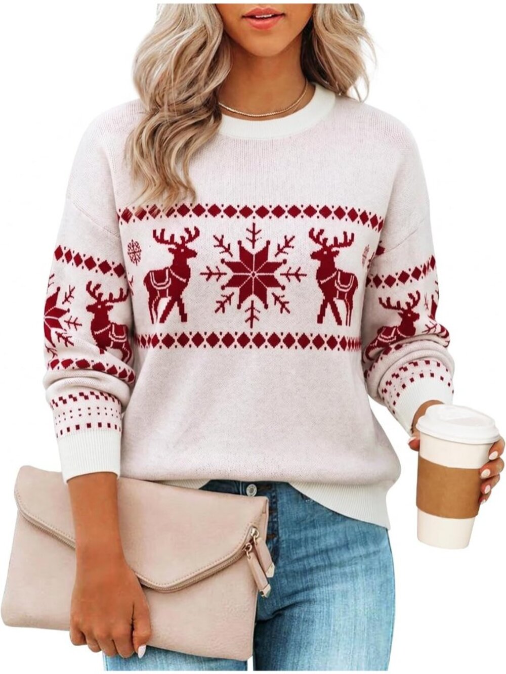 Women's Off-white Long Sleeve Crewneck Printed Knitted Oversized Sweaters
